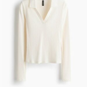 H&M Ivory Ribbed Long Sleeve V-Neck Top